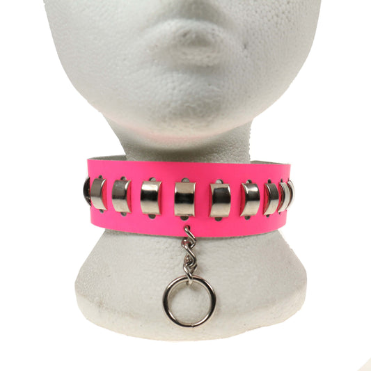 NB234 2 Row Fl Pink Curved Metal Fitting and Hanging Small Ring Leather Choker - F.PINK