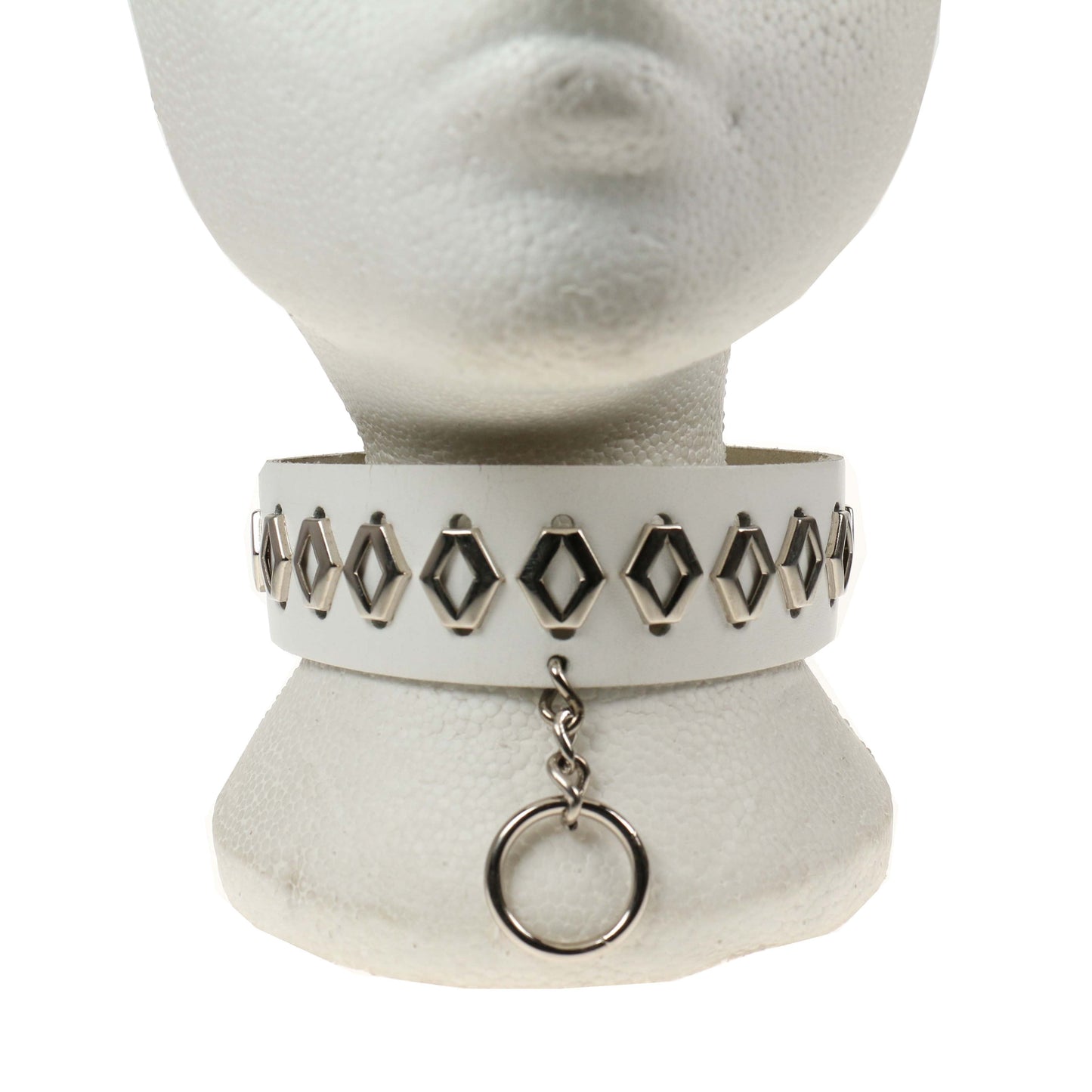 NB237 2 Row White Diamond Outline Metal Fitting and Hanging Small Ring Leather Choker - White