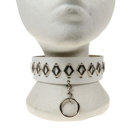 NB237 2 Row White Diamond Outline Metal Fitting and Hanging Small Ring Leather Choker - White