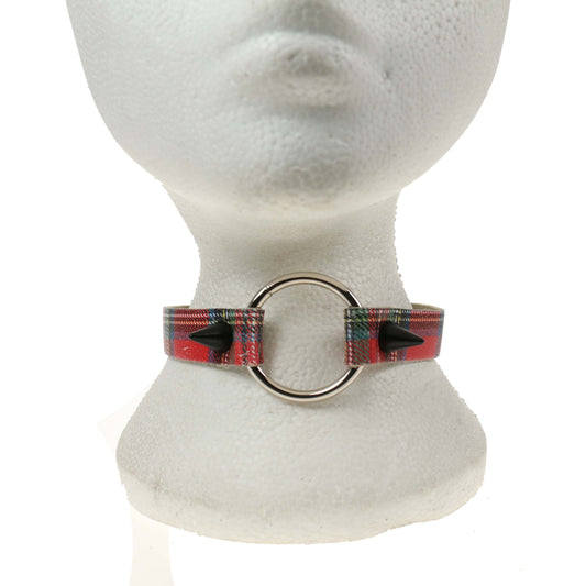 NB243 1 Row Ring with Black Cone on Tartan Leather Choker -Tartan