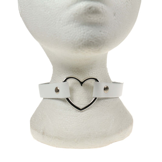 NB245D 1 Row Heart Fitting Leather Choker WHITE
