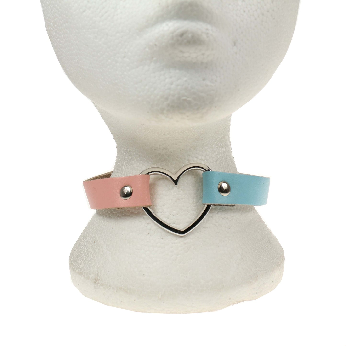 NB245O 1 Row Heart Fitting Leather Choker BABY PINK AND BABY BLUE