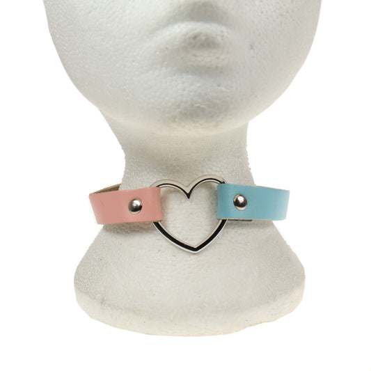 NB245O 1 Row Heart Fitting Leather Choker BABY PINK AND BABY BLUE