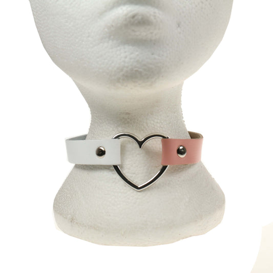 NB245P 1 Row Heart Fitting Leather Choker WHITE AND BABY PINK