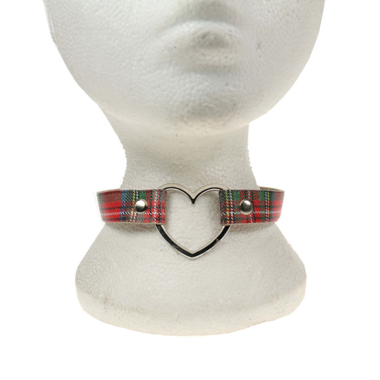 NB245U 1 Row Heart Fitting Leather Choker TARTAN