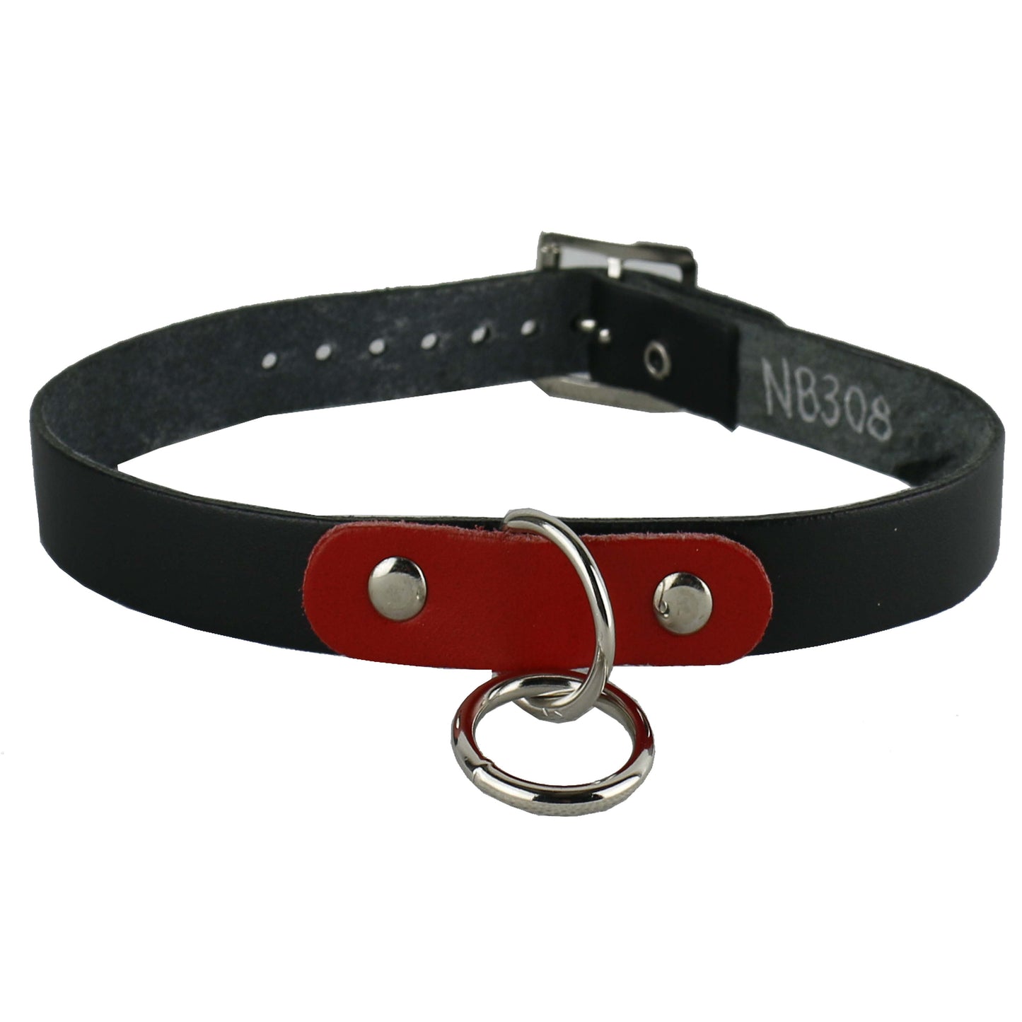 NB308 1 Row Red Leather Tap, D Ring with mm Ring Leather Choker