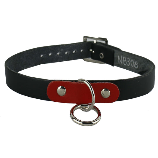 NB308 1 Row Red Leather Tap, D Ring with mm Ring Leather Choker