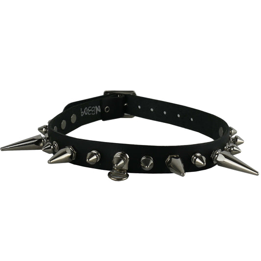 NB309 1 Row Small Spike, Medium and Large Hexagon Cone Leather Choker