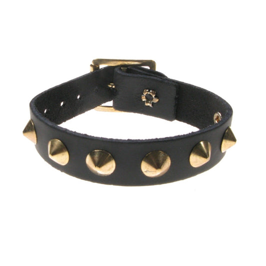 WB001g 1 Row Gold Conical Leather Wristband - Black