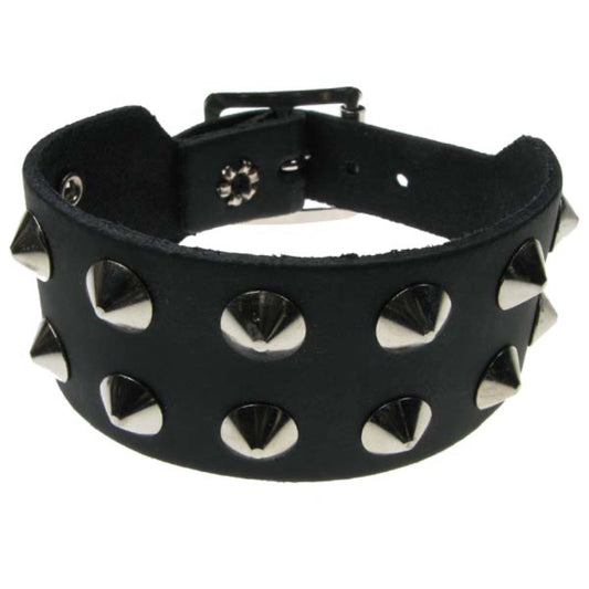 WB002 2 Row Conical Leather Wristband - Black