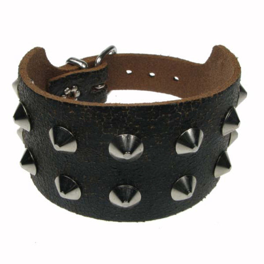 WB002A 2 Row Conical Leather Wristband - Stress Brown
