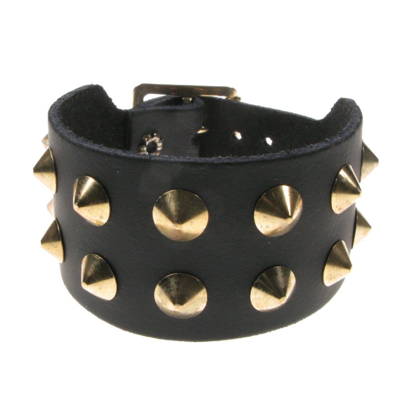 WB002G 2 Row Gold Conical Leather Wristband - Black