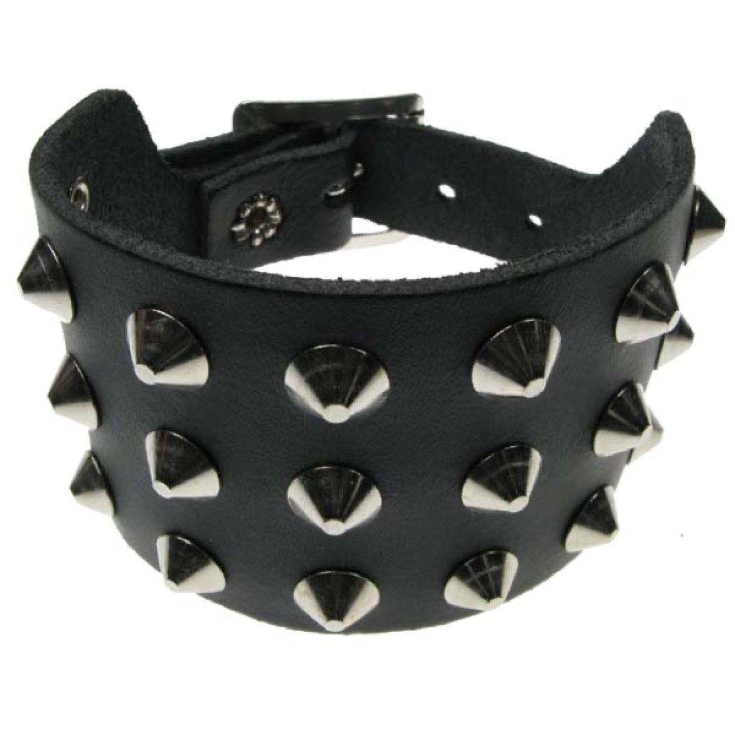 WB003 3 Row Conical Leather Wristband - Black