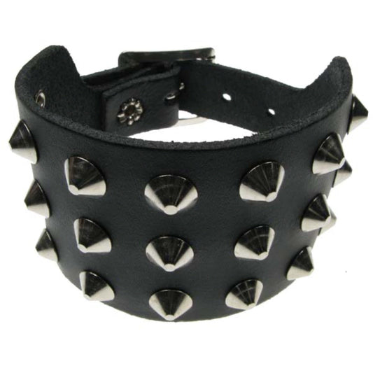 WB003 3 Row Conical Leather Wristband - Black