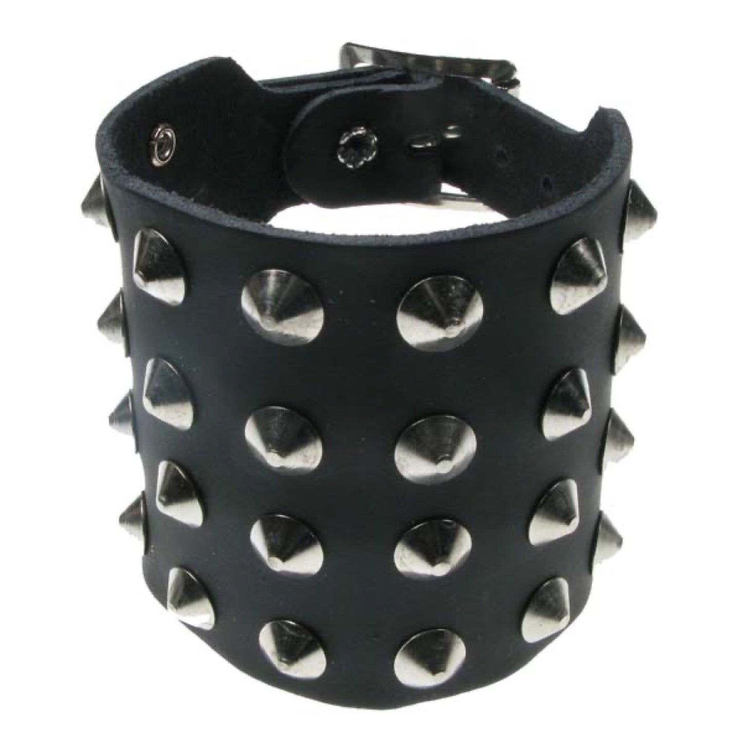 WB004 4 Row Conical Leather Wristband - Black