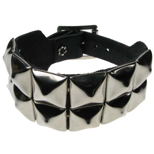 WB009 2 Row Pyramid Leather Wristband - Black