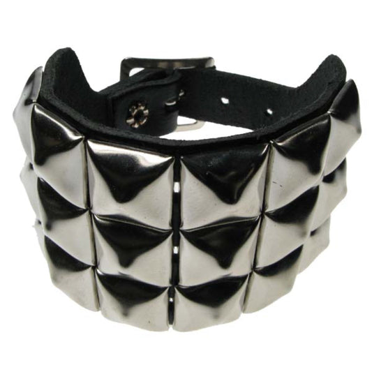 WB010 3 Row Pyramid Leather Wristband - Black