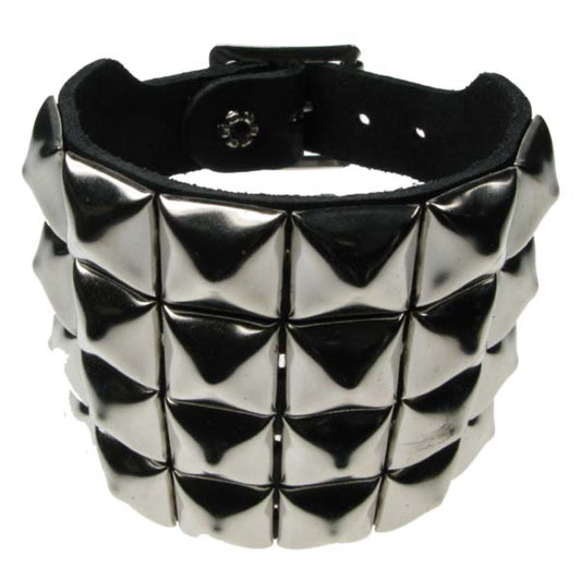 WB011 4 Row Pyramid Leather Wristband - Black