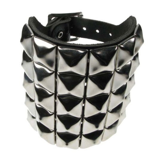 WB012 5 Row Pyramid Leather Wristband - Black