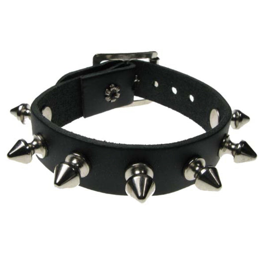 WB015 1 Row Spike Leather Wristband - Black