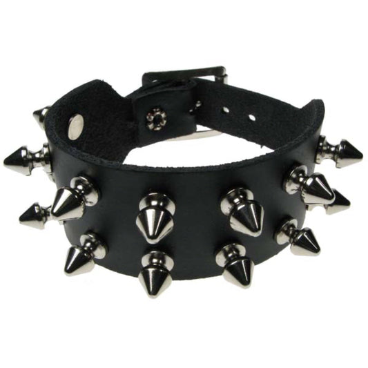WB016 2 Row Spike Leather Wristband - Black