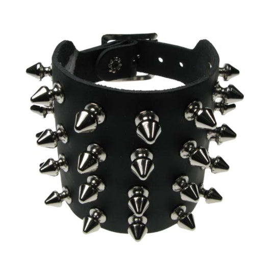 WB018 4 Row Spike Leather Wristband - Black