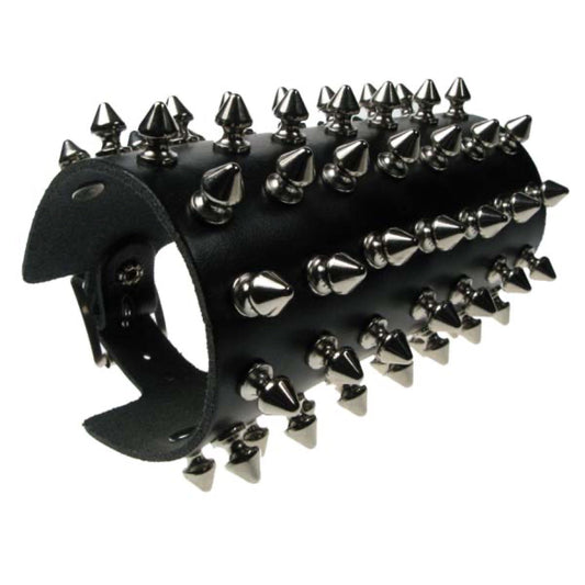 WB020 7 Row Spike Leather Wristband - Black