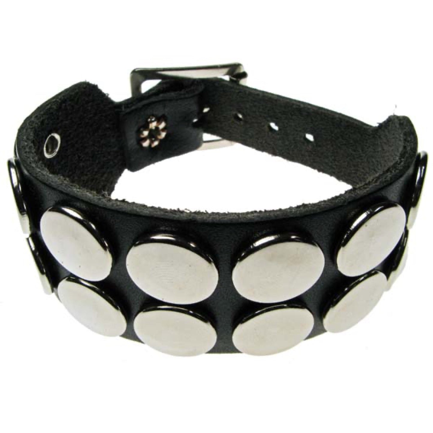 WB023 2 Row Button Leather Wristband - Black