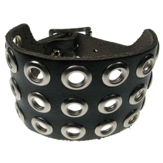 WB027 3 Row Eyelet Leather Wristband - Black