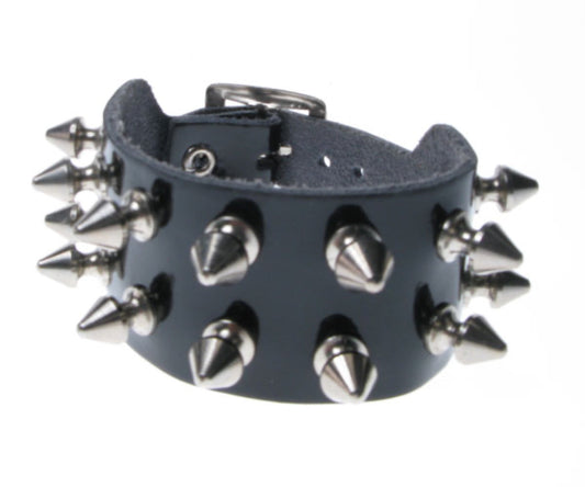WB041 2 Row Spike Leather Wristband - Black