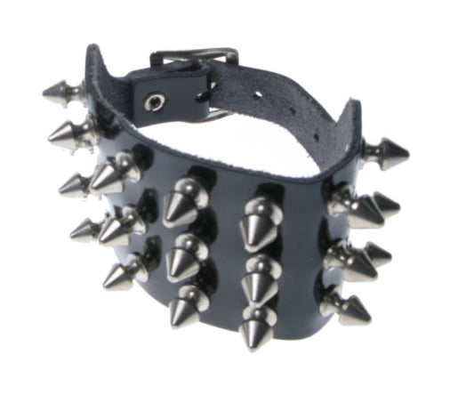 WB042 3 Row Spike Leather Wristband - Black