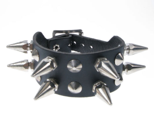 WB048 2 Row Medium Hexagon Spike and Conical Leather Wristband - Black