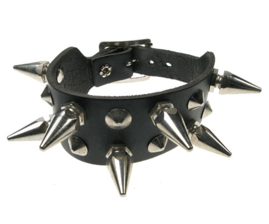 WB049 2 Row Check Medium Hexagon Spike and Conical Leather Wristband - Black