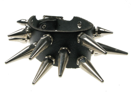 WB051 2 Row Medium and Large Hexagon Spike with Medium Spike Leather Wristband - Black