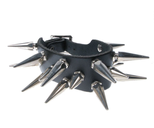 WB052 2 Row Medium and Large Hexagon Spike Leather Wristband - Black