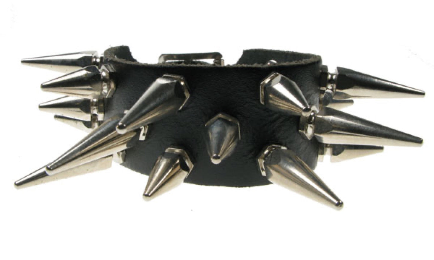 WB053 2 Row Diagonal Medium and Large hexagon Spike Leather Wristband - Black