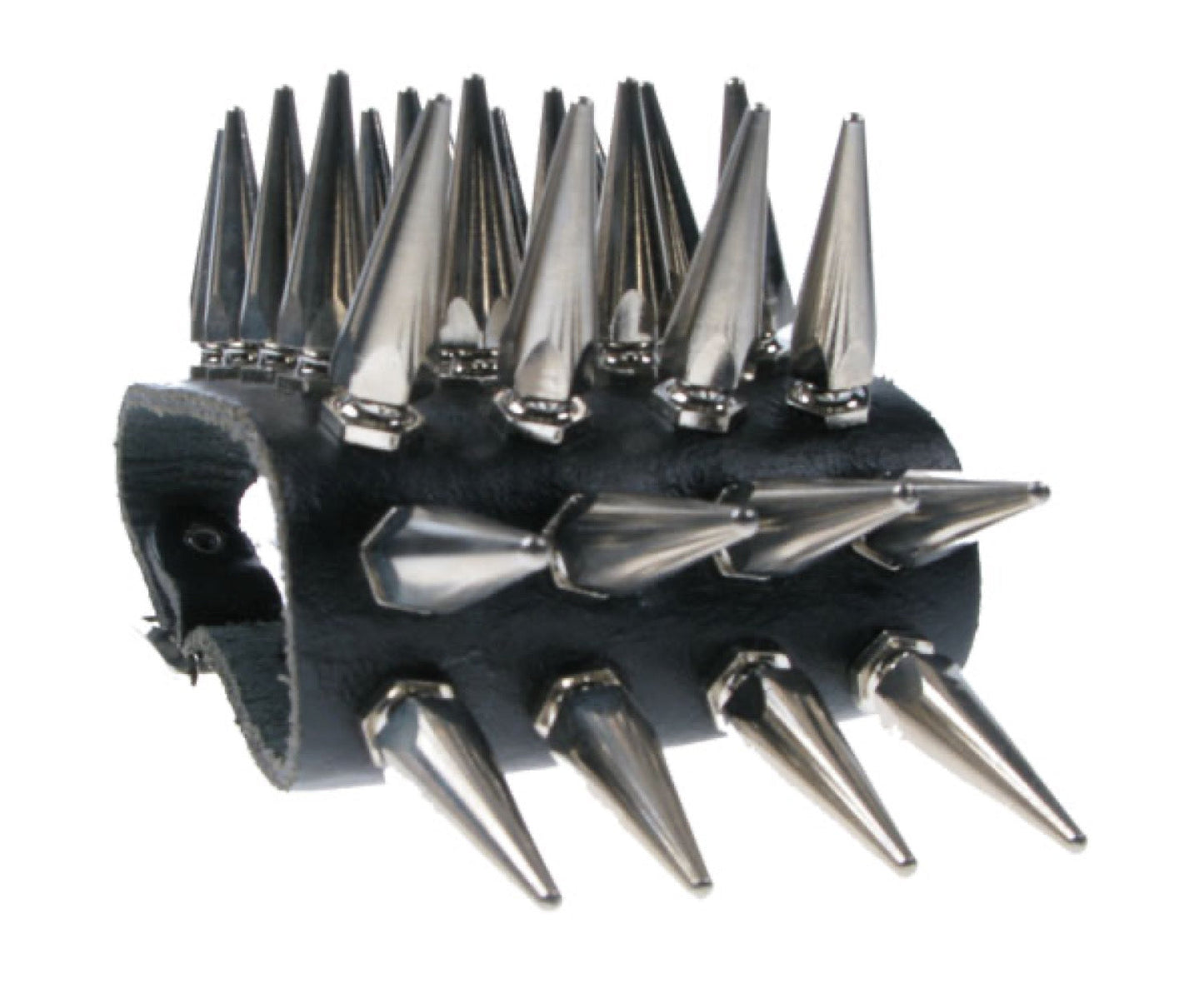 WB054 4 Row Large Hexagon Spike Leather Wristband - Black