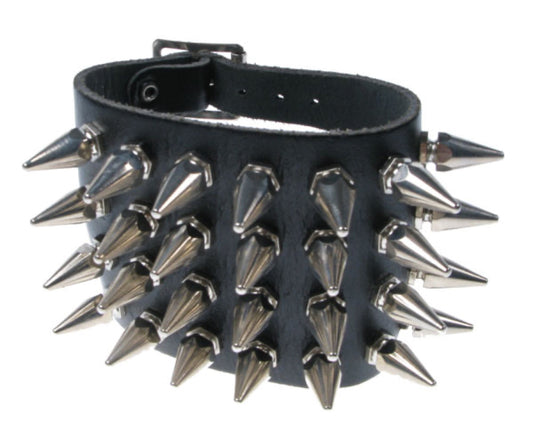 WB055 4 Row Medium Hexagon Spike Leather Wristband - Black