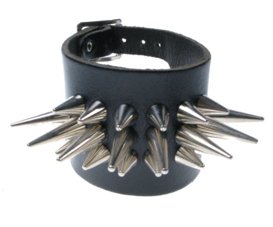 WB056 4 Row Wide 3 Row Small Cone Spike and Medium Cone Spike Centre Leather Wristband - Black