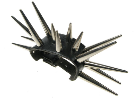 WB058 2 Row Medium and Large Cone Spike Leather Wristband - Black