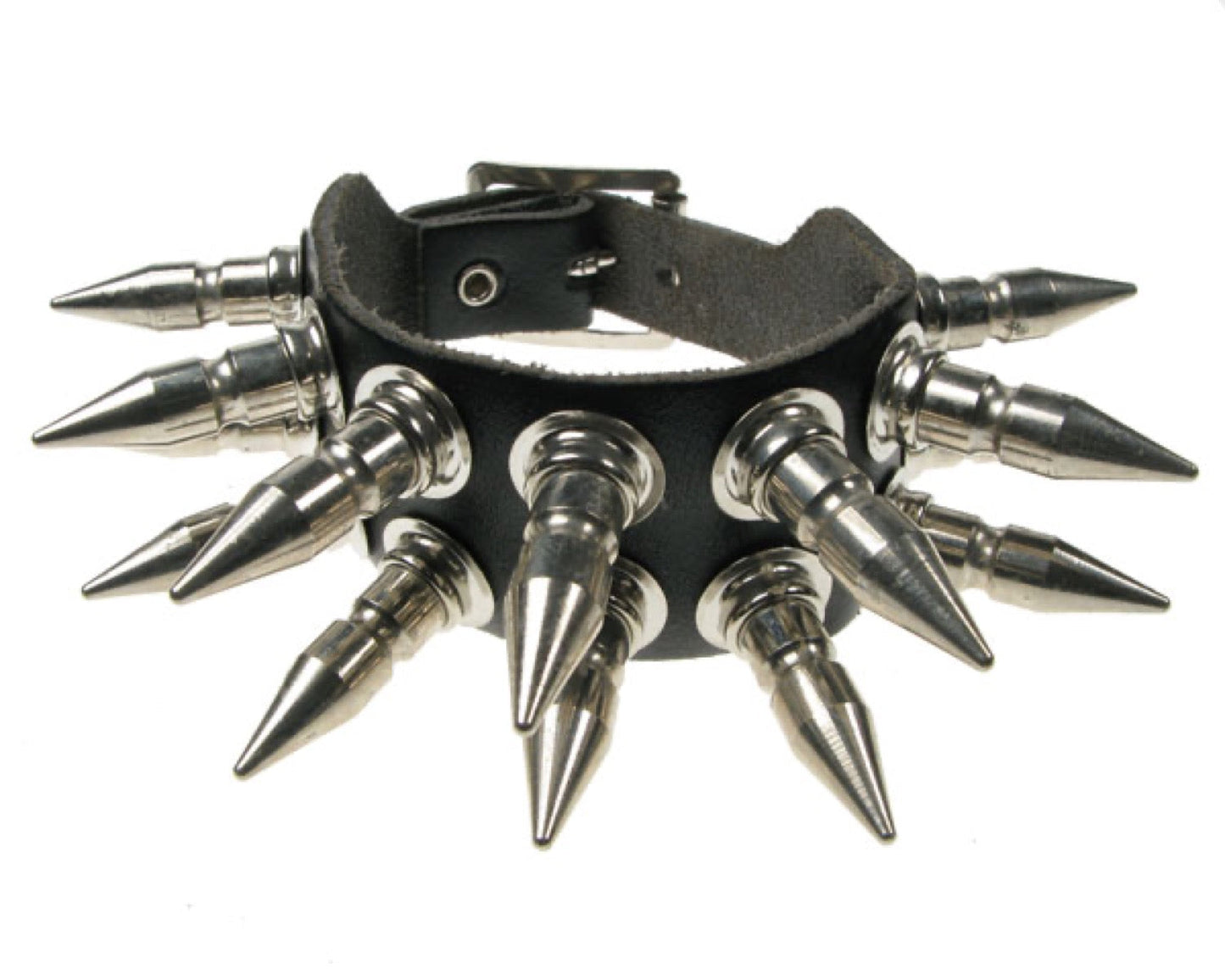 WB062 2 Row Medium Popper Spike Leather Wristband - Black (2)