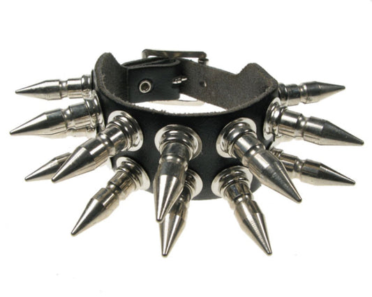 WB062 2 Row Medium Popper Spike Leather Wristband - Black (2)