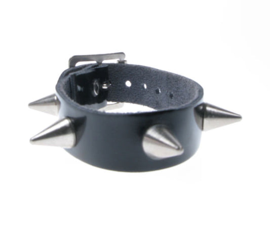 WB064 1 Row Small Cone Leather Wristband - Black