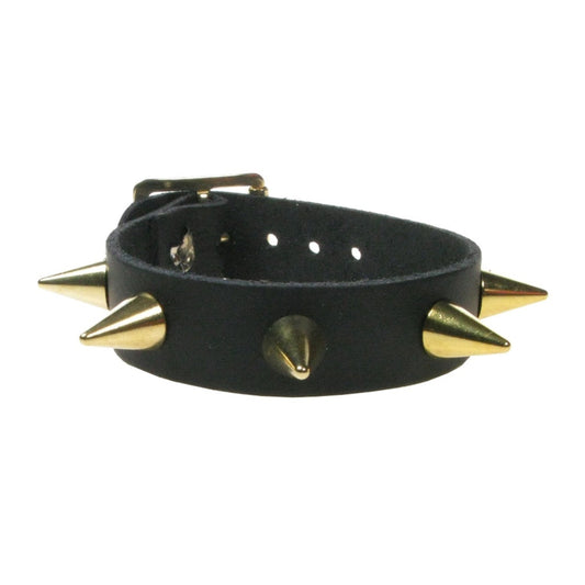 WB064b 1 Row Gold Small Cone Leather Wristband - Black