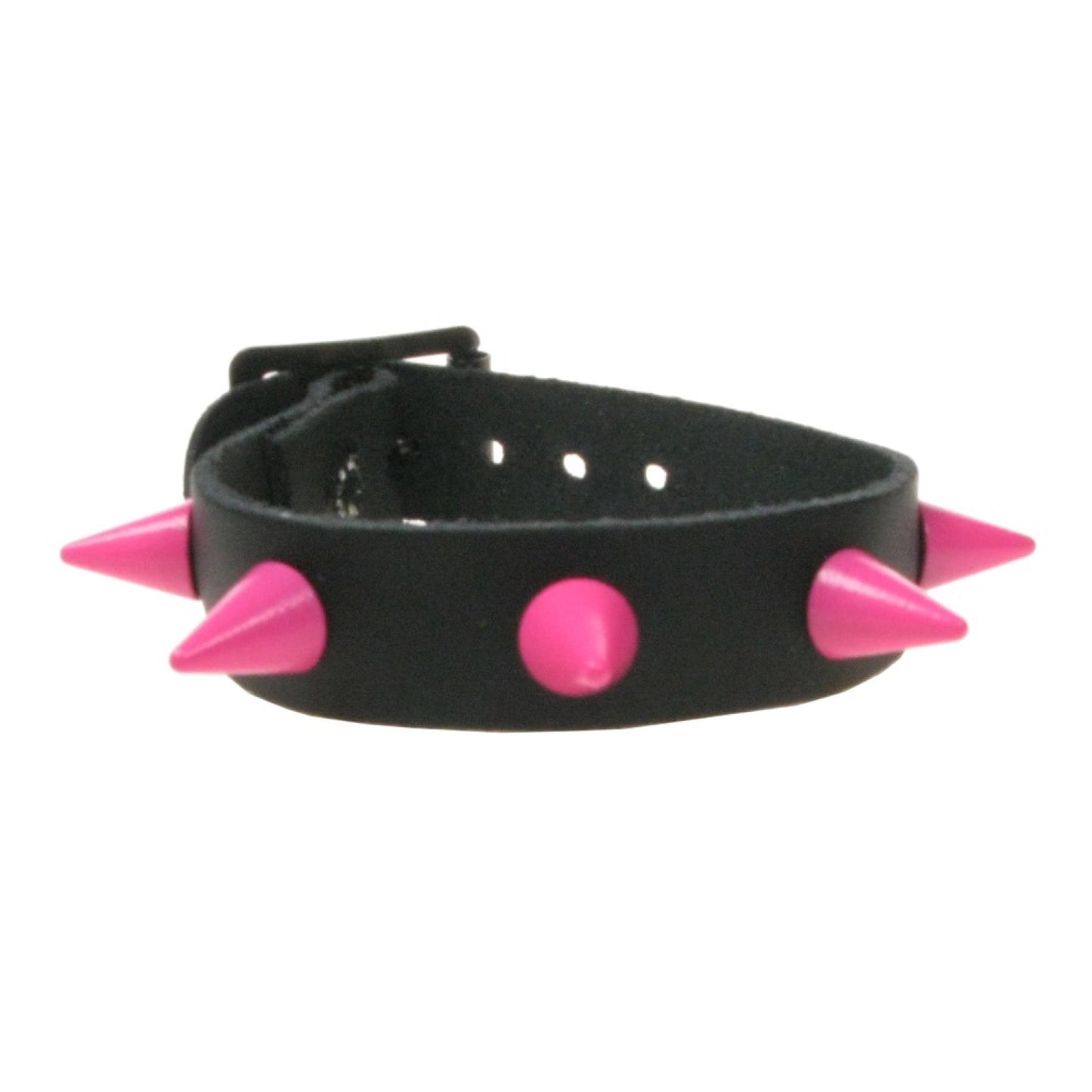 WB064d 1 Row  Pink Small Cone Leather Wristband - Black