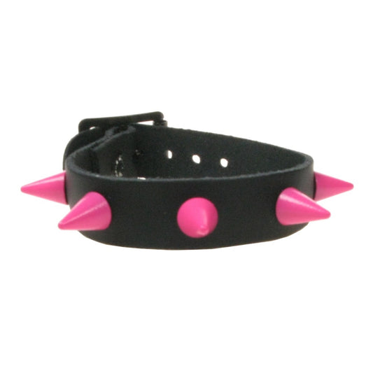 WB064d 1 Row  Pink Small Cone Leather Wristband - Black