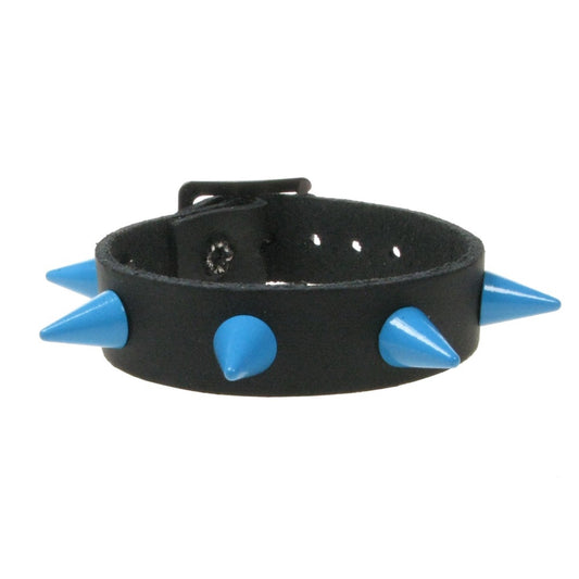 WB064e 1 Row  Blue Small Cone Leather Wristband - Black