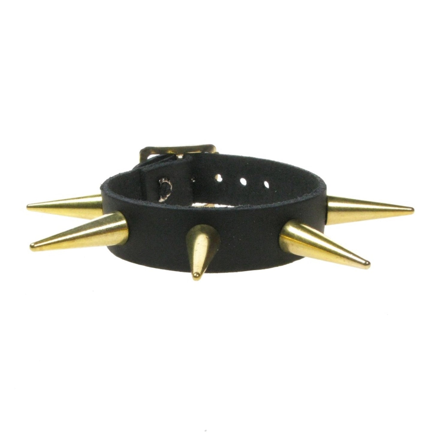 WB066b 1 Row Medium Gold Cone Spike Leather Wristband - Black