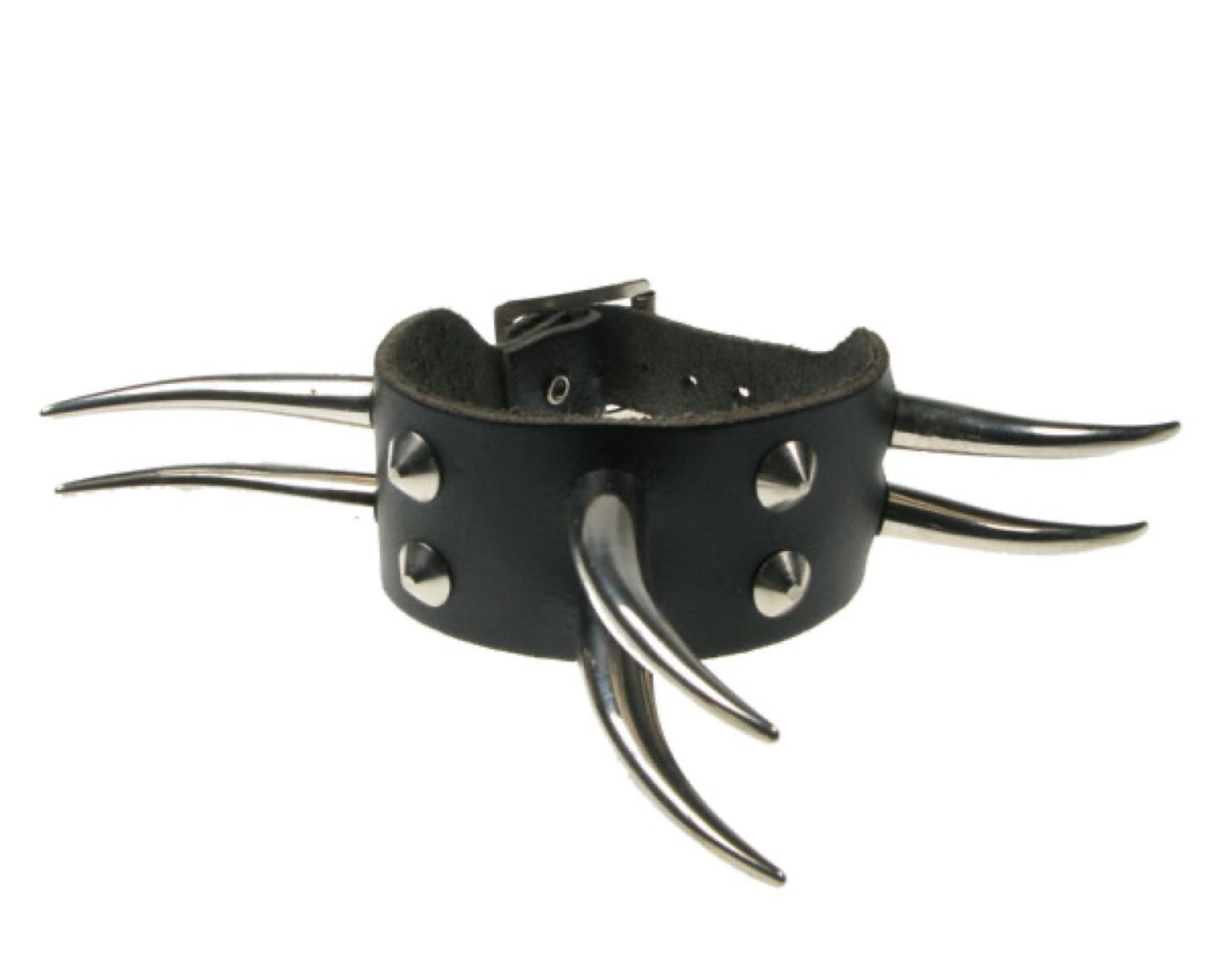 WB067 2 Row Large Tusks and Conical Leather Wristband - Black