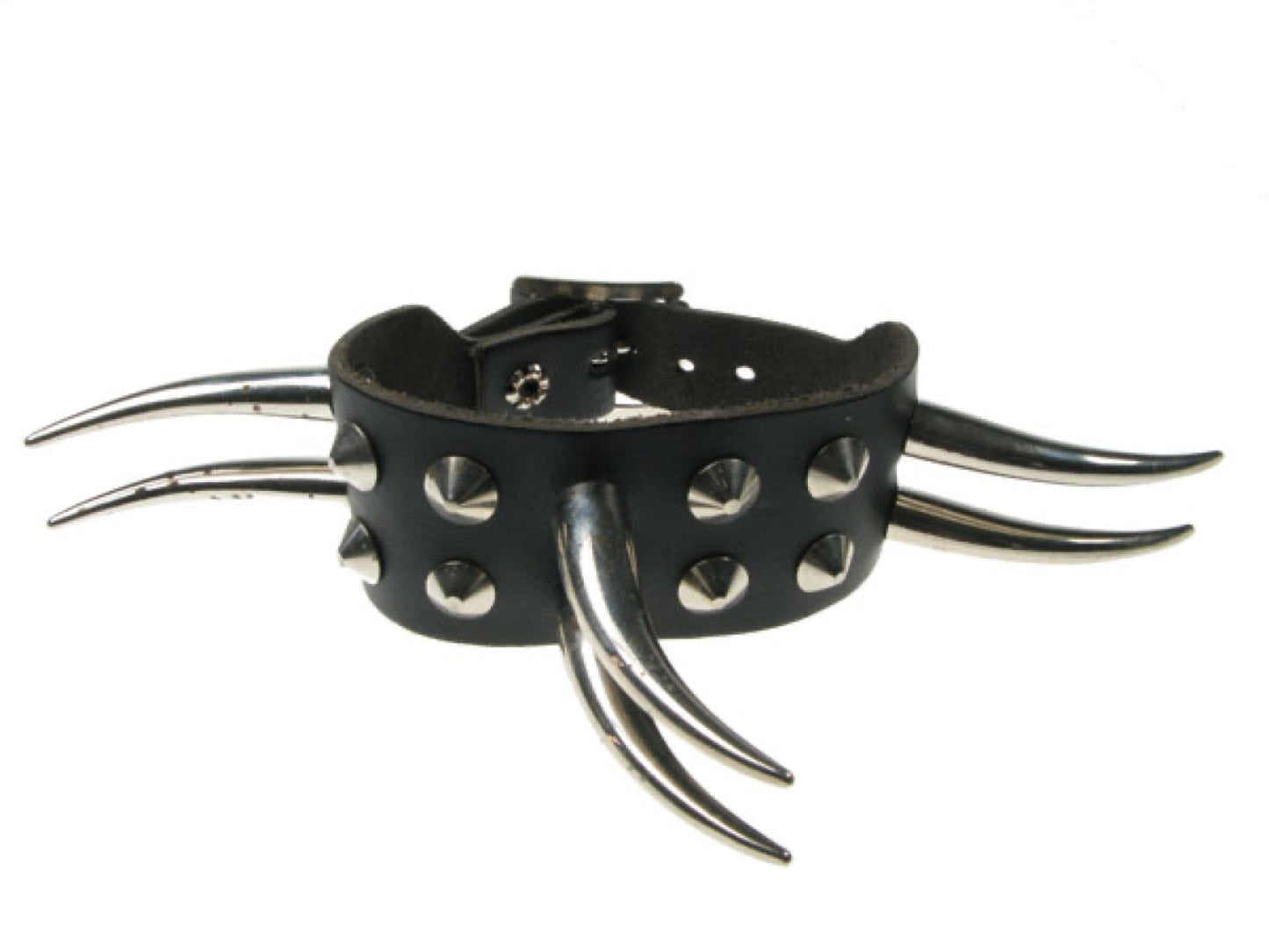WB068 2 Row Large Tusks and Conical Leather Wristband - Black
